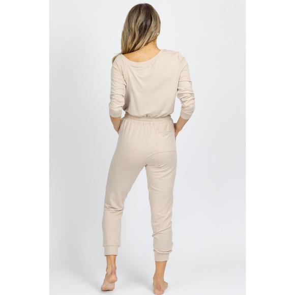 NEW FATE BY LFD butter soft drawstring jumpsuit in taupe - Picture 6 of 6